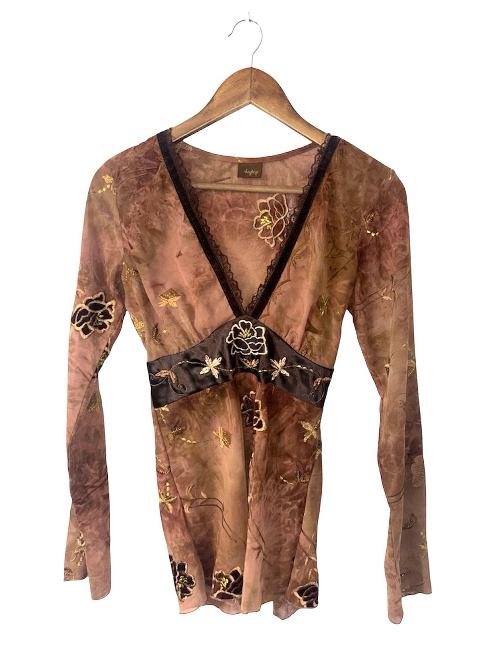 Y2K Vintage Daytrip Brown Babydoll Blouse Long Sleeve Embroidery Size Small